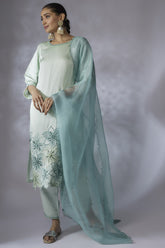 Mint silk linen satin Embroidered Kurta Set